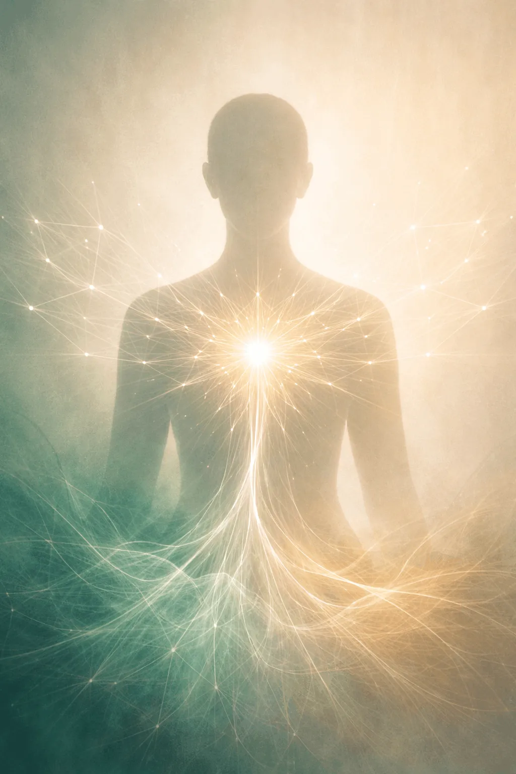 Abstrakte Silhouette mit ausstrahlendem Licht und geordneten Linien, die energetische Befreiung und Selbstanbindung nach dem Systemscan und Karma-Coaching symbolisiert. Die leuchtende Silhouette steht für Selbstanbindung und neue Freiheit.\nSystemscan und Karma-Coaching helfen, verborgene Blockaden zu erkennen, zu lösen und die eigene Ordnung wiederzufinden.