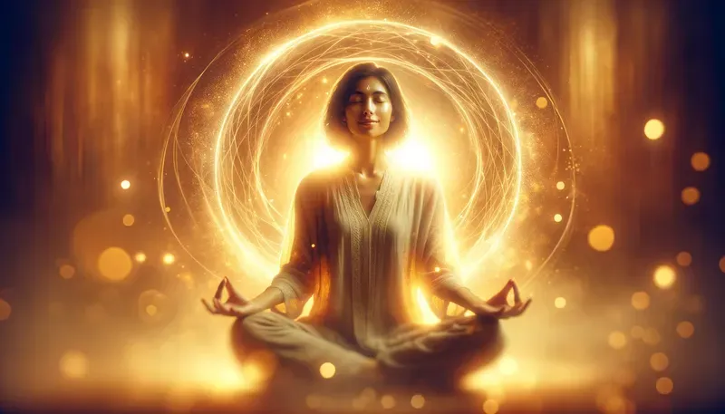 Eine Frau versenkt sich in Trance in einer Meditation und liest ihre eigene Akasha-Chronik aus dem großen morphologischen Feld.