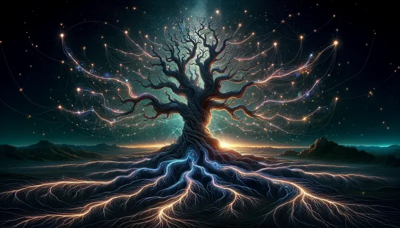 Dieses Bild zeigt einen majestätischen Karmabaum, dessen Wurzeln und Äste mit leuchtenden Linien durchzogen sind, die die Verbindungen der Seele über zahlreiche Leben hinweg symbolisieren. Der Baum steht in einer mystischen Landschaft unter einem Sternenhimmel, was die Unendlichkeit und Ewigkeit dieser Seelenverträge unterstreicht.