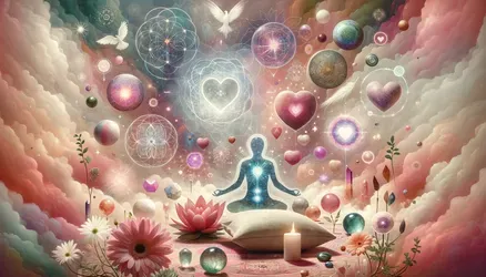 Bild zeigt symbolisch mehrere spirituelle Angebote wie Selbstliebe, Meditation und vieles mehr