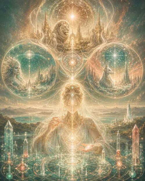 Spirituelle Illustration einer hellsichtigen energetischen Systemarchitektin: Eine feinstoffliche Seele wirkt inmitten kosmischer Lichtfelder, heiliger Geometrie, kristalliner Strukturen und uralter Sternenräume. Das Bild symbolisiert den Weg über Lyra, Ur-Lyra, Vega und Sirius bis in die heutige Arbeit mit Seelenfeldern, Bewusstseinsarchitektur und energetischer Klarheit. Die Farbwelt folgt warmen Grün-, Beige-, Gold-, Korall- und Erdtönen.