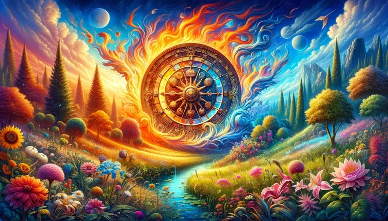 Bild zeigt eine Landschaft, den Himmel und die Planeten mit dem Schicksalsrad