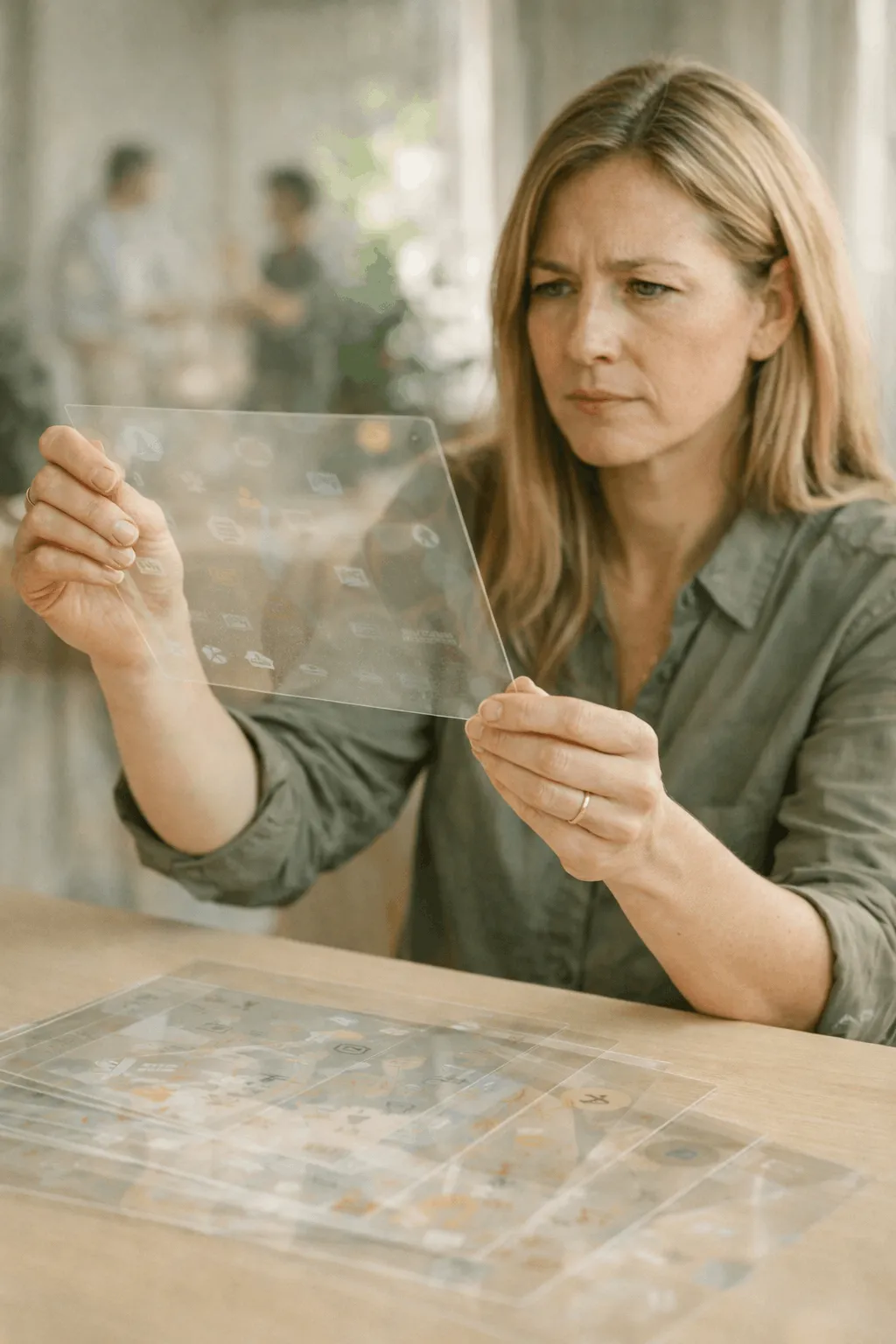 Das Bild zeigt eine Frau, die verschiedene durchsichtige Schichten kritisch prüft. Es steht für den Unterschied zwischen oberflächlichen Readings und tiefer energetischer Analyse, wie sie beim Systemscan möglich wird.