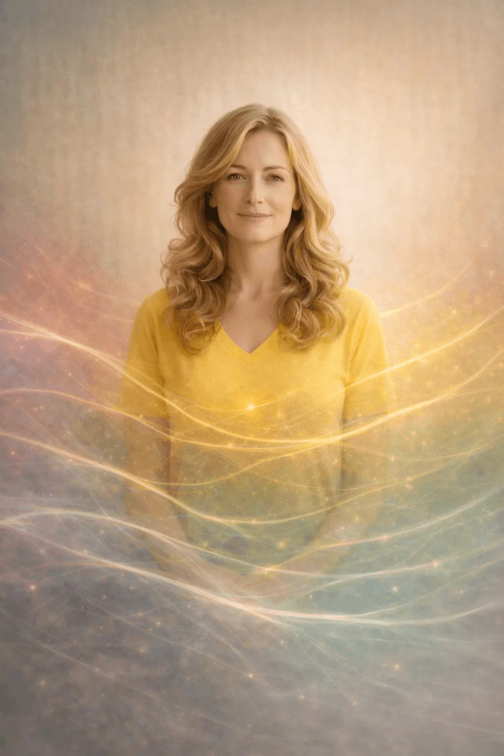 Das Bild symbolisiert die spürbaren Veränderungen, die mit Karma-Coaching möglich werden.\nJede Lichtwelle steht für einen Bereich, der sich klären und wandeln kann - Beziehungen, Energie, Selbstwert, Sicherheit, Körpergefühl. Die ruhige, zuversichtliche Ausstrahlung der Frau zeigt: Innere Blockaden lösen sich, neue Freiheit und Leichtigkeit werden erfahrbar.