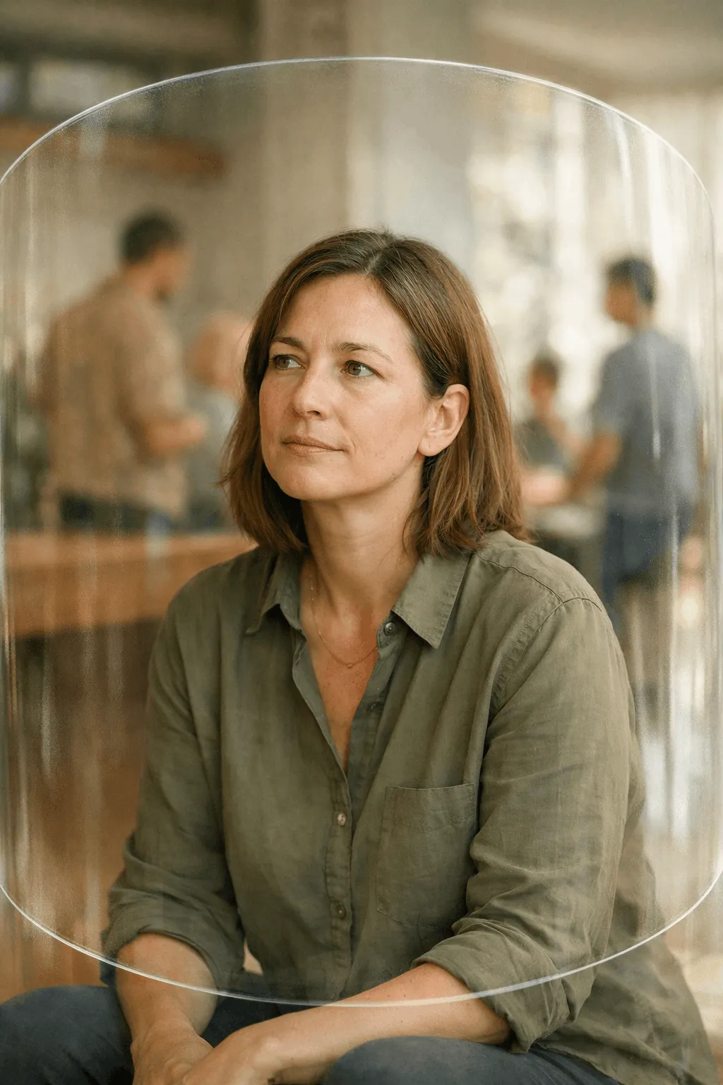 Das Bild zeigt eine Frau an einer durchsichtigen, kaum sichtbaren Barriere - Symbol für die unsichtbaren Grenzen, die durch Prägungen und Anpassung entstehen. Ihre Klarheit und der sanfte Lichtverlauf spiegeln den Moment, in dem echte Erkenntnis über das bloße Wohlgefühl hinausgeht.