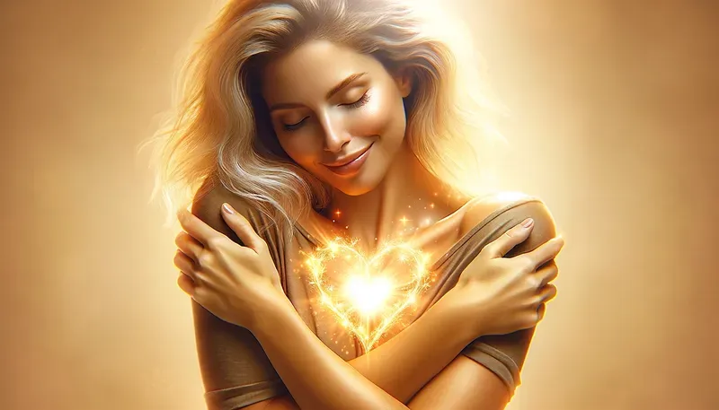 Das Bild zeigt eine Frau, die sich selbst umarmt mit einem goldenen Herzen, die frei von karmischen Verträgen ihre Selbstliebe spürt und leben kann.