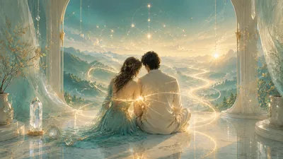 Das Bild zeigt eine echte tiefgehende Seelenpartnerschaft - ein Pärchen, welches harmonisch miteinander vereint ist in Liebe, Frieden und tiefer Verbundenheit. Ein Seelenstrahl umfließt beide und zeigt ihre wahre Lebensaufgabe symbolisch in Form von Lichtgeometrien.