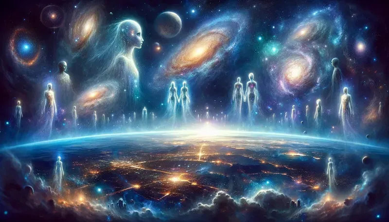 Auf dem Bild sehen wir die Menschen als Seelen und andere Sternenvölker, die uns Menschen, aber auch der Erde beim Aufstieg 2024 helfen. Akturianer und andere Außerirdische, die uns wohl gesonnen sind.