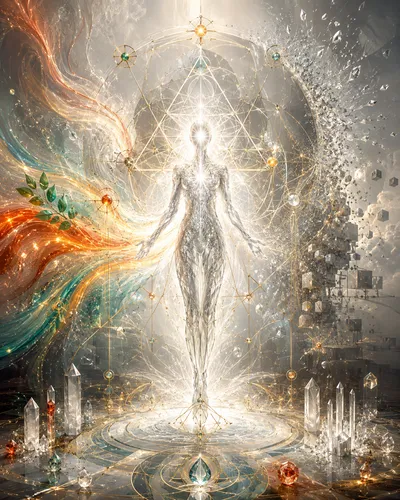 Erfahre wahre seelische Freiheit. Das Bild zeigt die Rückkehr zum ursprünglichen göttlichen Bauplan: Befreiung aus der Matrix für deine spirituelle Souveränität.