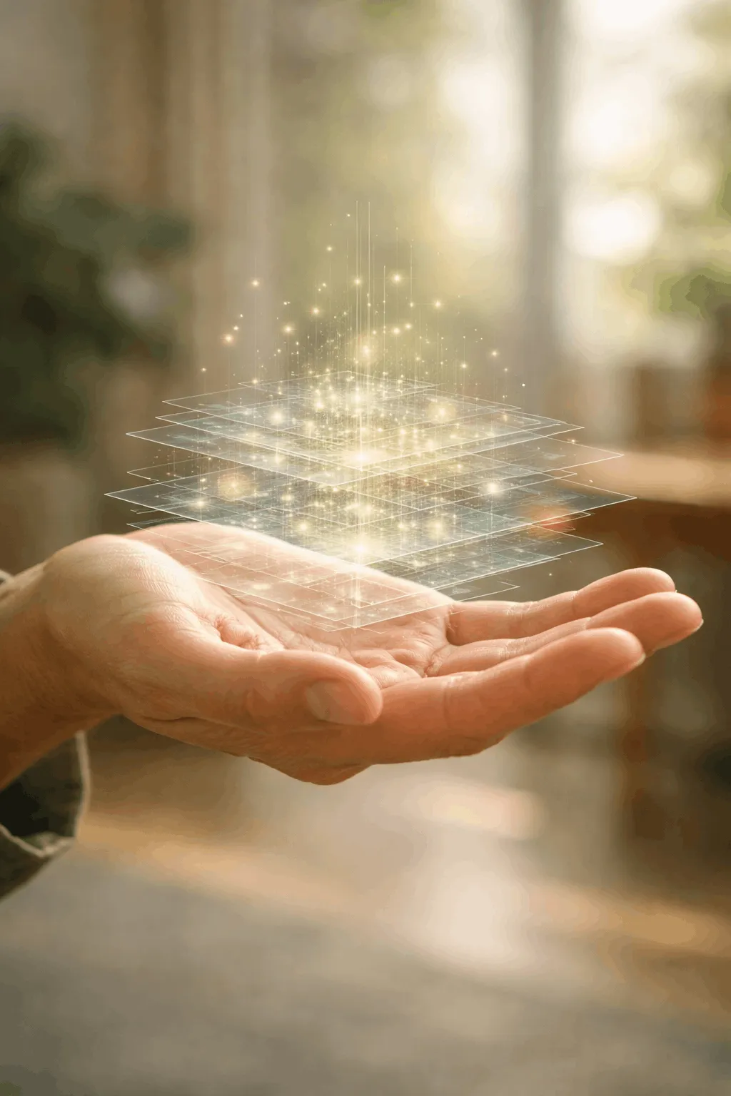 Symbolisches Bild einer geöffneten Hand mit mehrschichtigem Lichtfeld in warmen Grün‑ und Goldtönen. Es steht für die Verbindung aus mutlidimensionaler Seherkraft, analytischer Präzision und ruhiger klarer Vermittlung der Erkenntnisse im Systemscan.