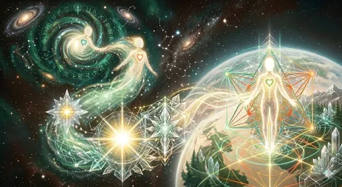 Bild dient der visuellen Veranschaulichung: Seelenweg einer energetischen Systemarchitektin von Lyra und Sirius zur Erde. Heilige Geometrie und Lichtstrukturen in Grün, Silber, Gold und Orange.